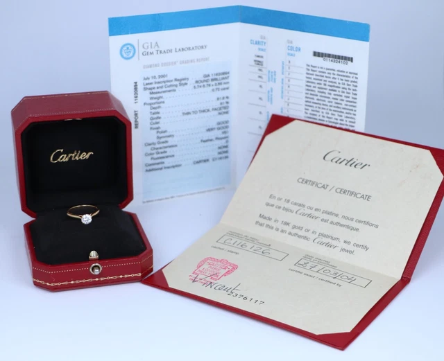 Bague de fiançailles Cartier 1895 en or jaune 18 carats, 0,72 ct, diamant rond D VS1