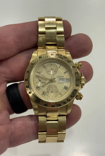 Montre homme chronographe automatique Genève 18 carats avec date et bracelet 18 carats - 137 grammes