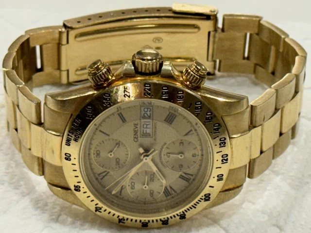 Montre homme chronographe automatique Genève 18 carats avec date et bracelet 18 carats - 137 grammes