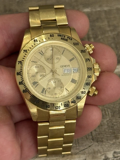 Montre homme chronographe automatique Genève 18 carats avec date et bracelet 18 carats - 137 grammes