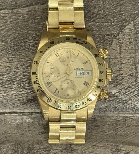 Montre homme chronographe automatique Genève 18 carats avec date et bracelet 18 carats - 137 grammes