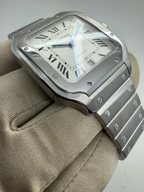 Montre automatique Cartier Santos 2018, cadran blanc, 39,8 mm, acier, WSSA0009 B+P