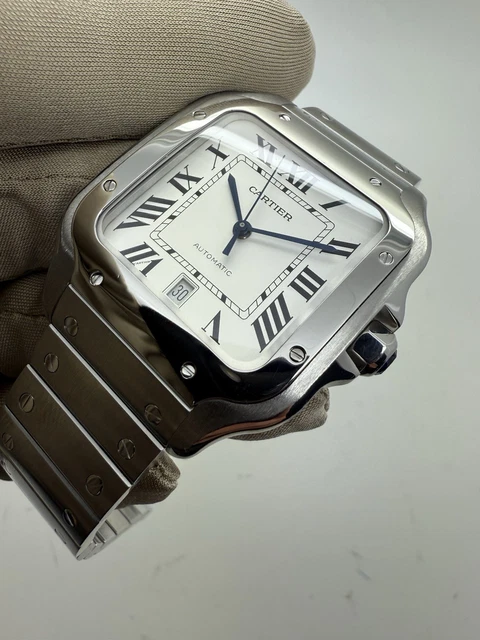 Montre automatique Cartier Santos 2018, cadran blanc, 39,8 mm, acier, WSSA0009 B+P