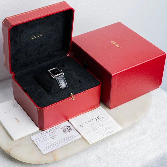 Montre Cartier Tank Must Large WSTA0072 à quartz, cadran noir, bracelet cuir 22 mm, ensemble complet