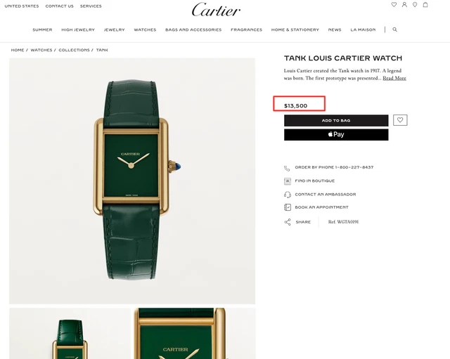 Montre Cartier Tank Louis Cartier verte 2023, grand modèle, boîtier en or 18 carats de 33,7 mm