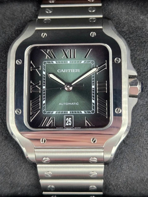 Montre Cartier Santos 2025, grand cadran vert, WSSA0062, bracelet acier/cuir, coffret complet