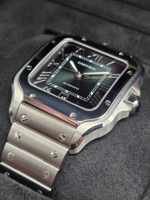 Montre Cartier Santos 2025, grand cadran vert, WSSA0062, bracelet acier/cuir, coffret complet