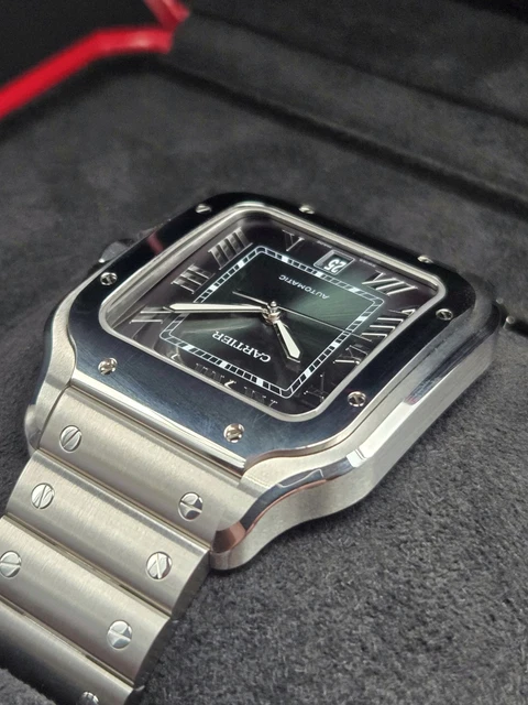 Montre Cartier Santos 2025, grand cadran vert, WSSA0062, bracelet acier/cuir, coffret complet