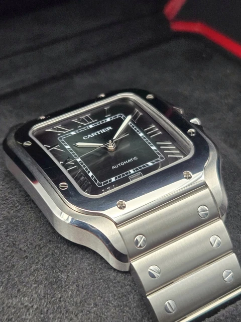 Montre Cartier Santos 2025, grand cadran vert, WSSA0062, bracelet acier/cuir, coffret complet