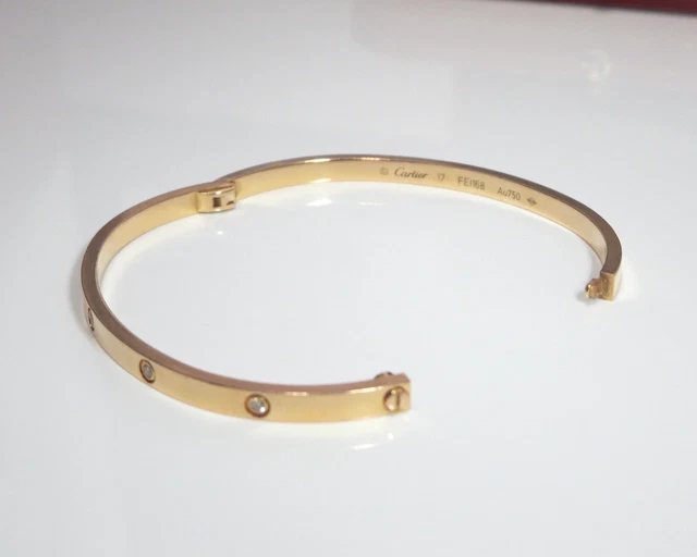 Bracelet Love Cartier en or rose 18 carats, 10 diamants, taille 17, petit modèle, 4 mm, boîte, Coa