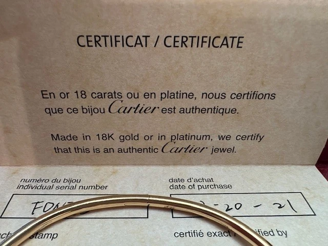 Bracelet Cartier Juste un Clou, modèle classique en or 18 carats, taille 20 ; avec certificat