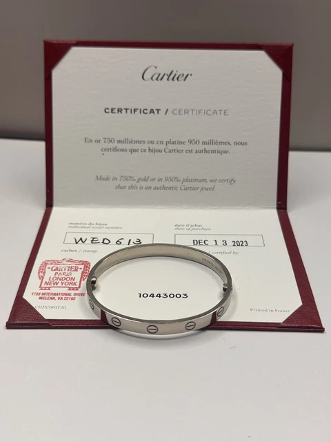 Bracelet Cartier LOVE en or blanc 18 carats, taille 17, coffret complet et certificat