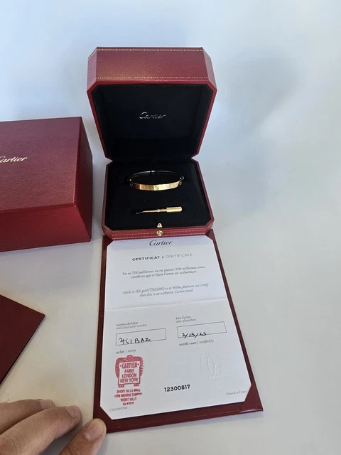 Bracelet Cartier Love en or jaune 18 carats, taille 18, fermoir à vis, neuf, avec boîte et papier