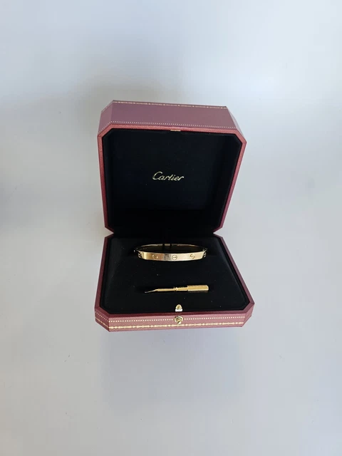 Bracelet Cartier Love en or jaune 18 carats, taille 18, fermoir à vis, neuf, avec boîte et papier