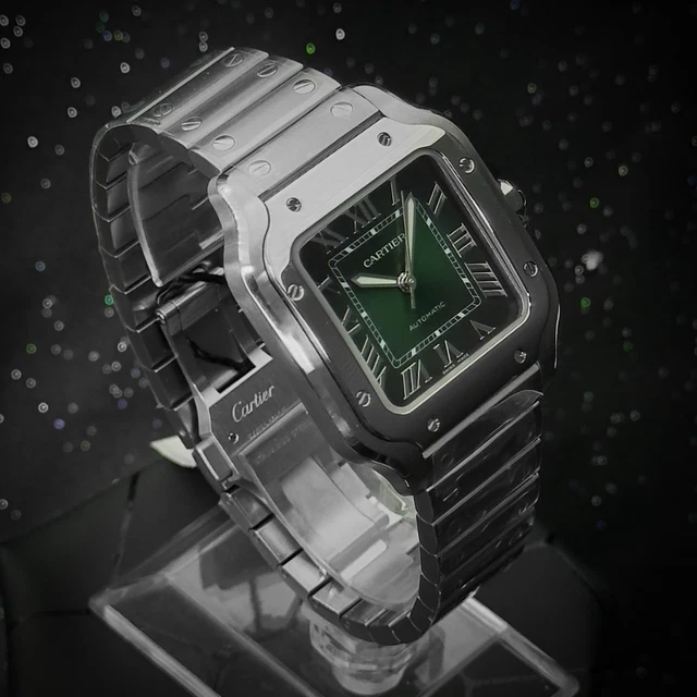 Montre Cartier Santos Medium en acier inoxydable avec cadran vert, 41,9 x 35,1 mm, WSSA0061, ensemble complet