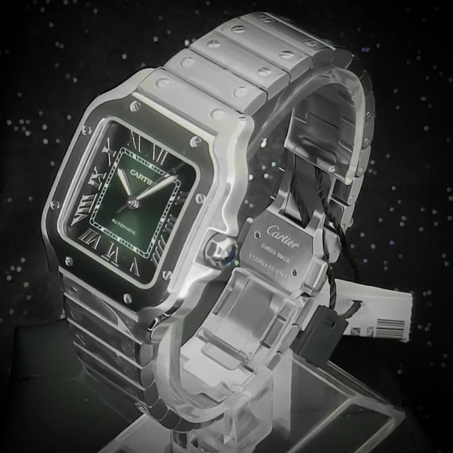 Montre Cartier Santos Medium en acier inoxydable avec cadran vert, 41,9 x 35,1 mm, WSSA0061, ensemble complet