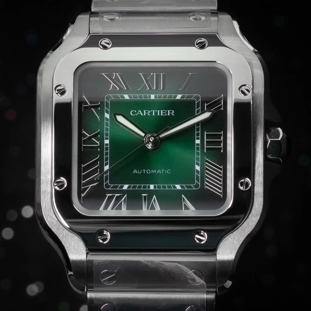 Montre Cartier Santos Medium en acier inoxydable avec cadran vert, 41,9 x 35,1 mm, WSSA0061, ensemble complet