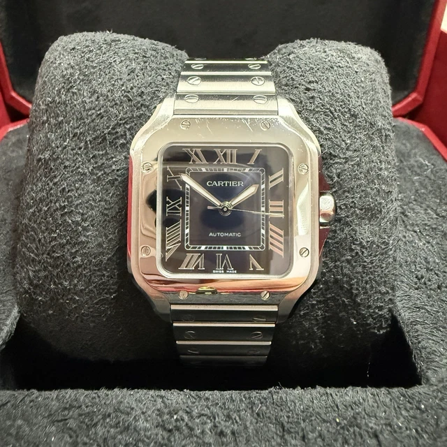 Montre Cartier Santos en acier, automatique, 35 mm, cadran bleu, bracelet WSSA0063