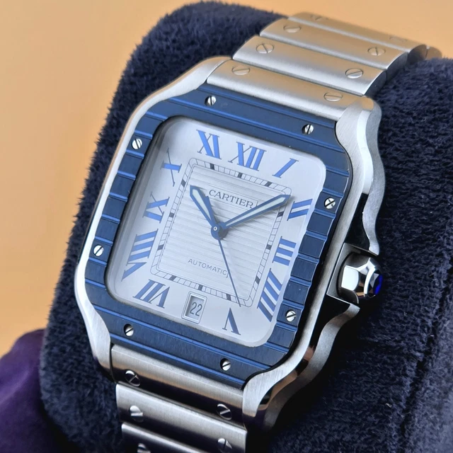Montre Cartier Santos de Cartier 40 mm WSSA0047 B&P Bracelet supplémentaire Lunette PVD bleue Homme