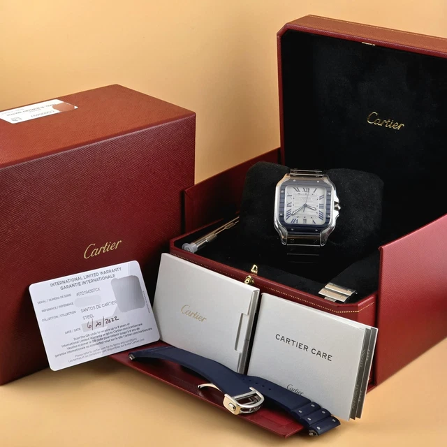 Montre Cartier Santos de Cartier 40 mm WSSA0047 B&P Bracelet supplémentaire Lunette PVD bleue Homme