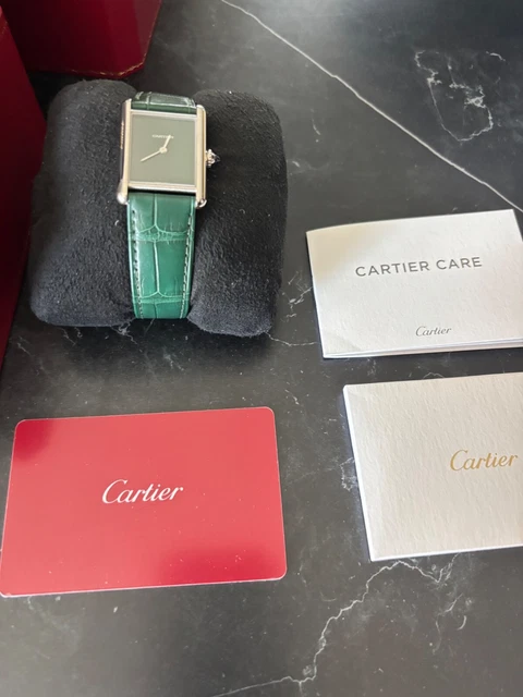 Montre Cartier Tank pour homme, acier inoxydable, cadran vert, 25 mm, quartz, WSTA0056