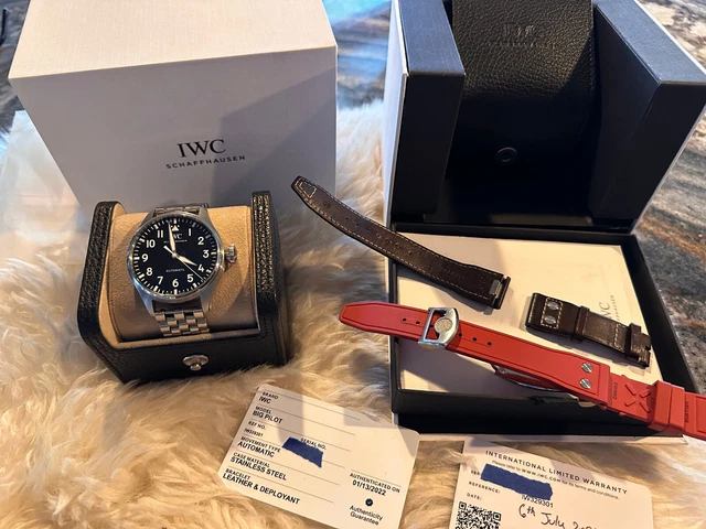 Montre IWC Big Pilot 43 mm avec 2 bracelets OEM, garantie d'usine, ensemble complet - Cadran noir