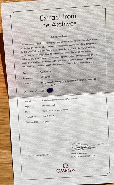 Montre Omega Speedmaster vintage 145.022 - 1983 avec documents de service et extrait d'archives