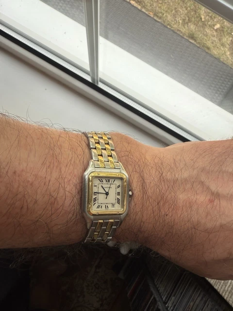 Montre unisexe vintage Panthère de Cartier 27 mm en acier et or à deux rangs, avec boîte et papiers