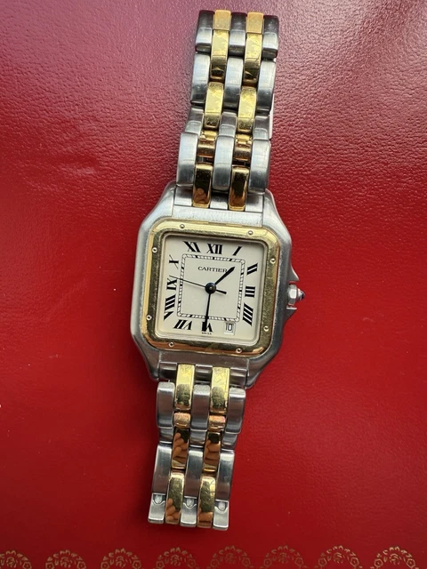 Montre unisexe vintage Panthère de Cartier 27 mm en acier et or à deux rangs, avec boîte et papiers
